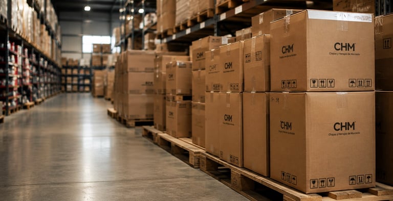 Industrial warehouse interior with stacked cardboard boxes labeled CHM on pallets, shelving visible in background