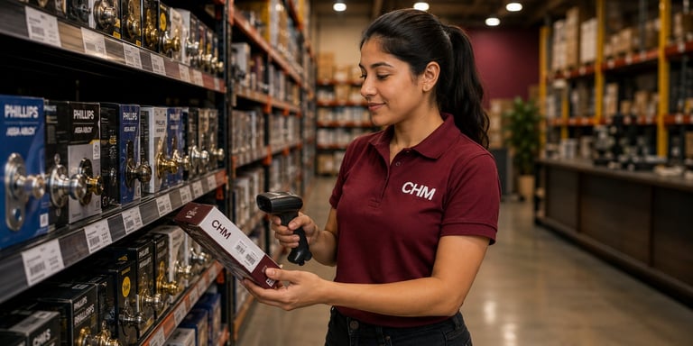 Female store employee in burgundy uniform examining product on shelf in well-lit retail store aisle