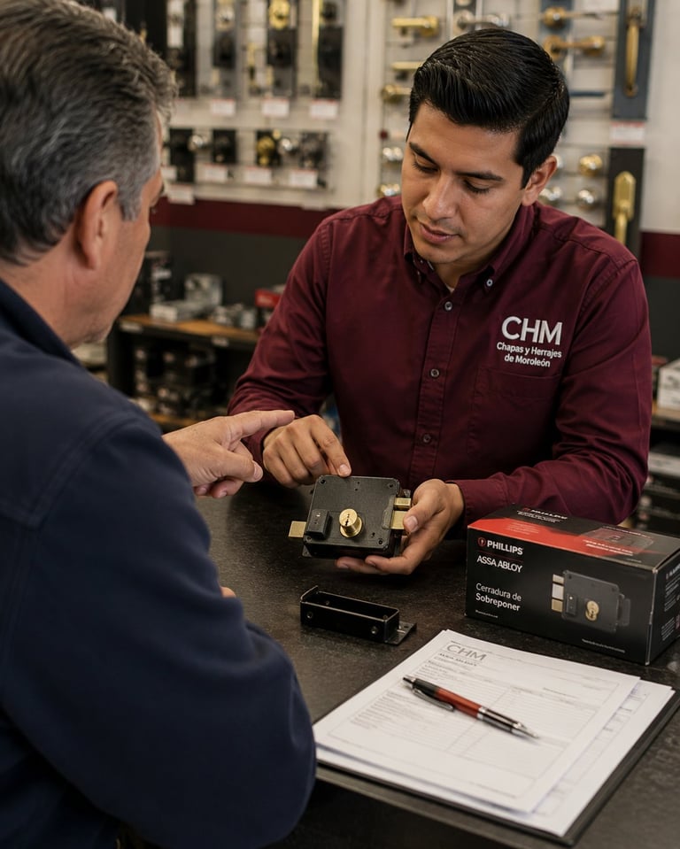 A CHM employee in a maroon shirt demonstrates electrical equipment to a customer across a counter in a showroom.