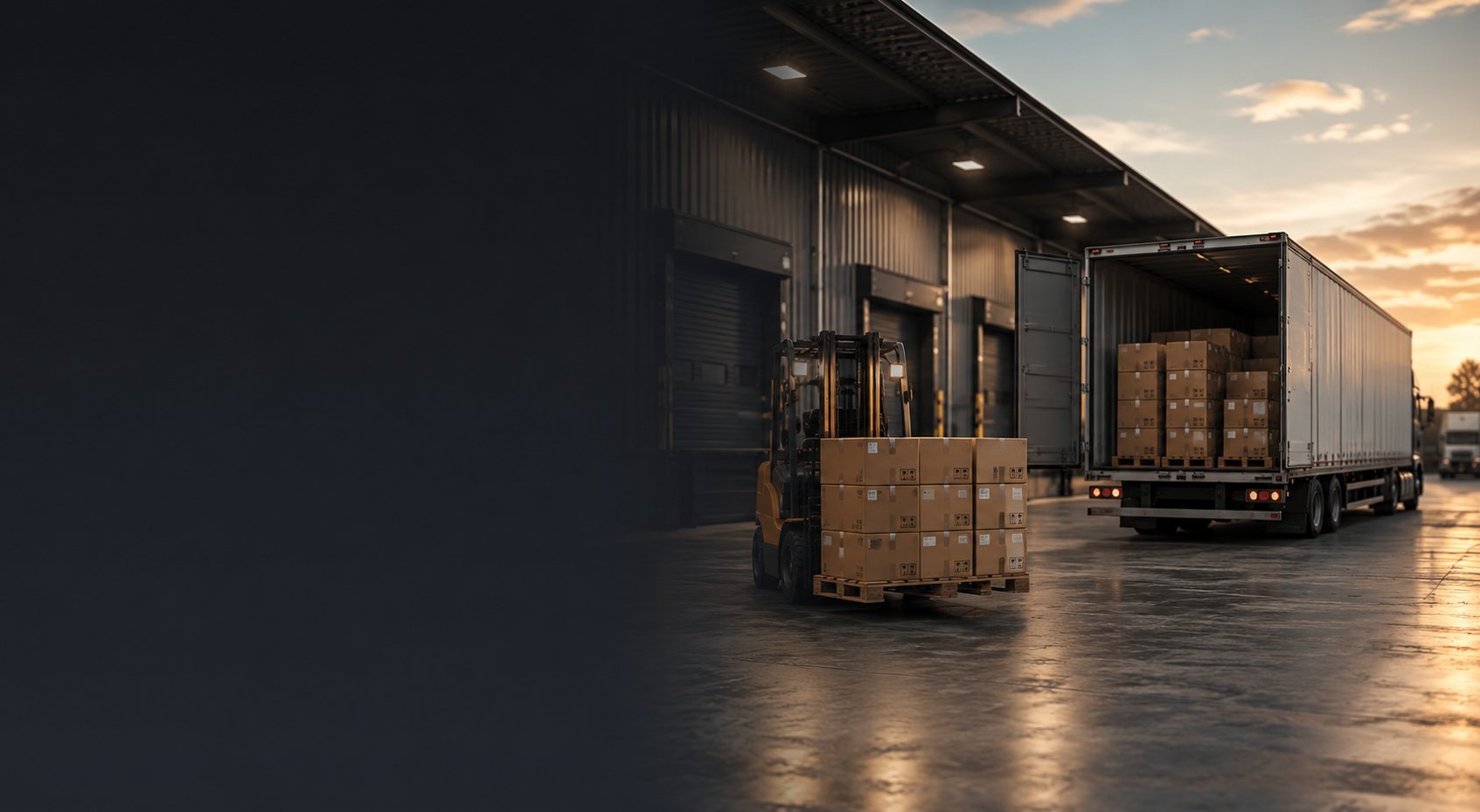 Loading trucks with cardboard boxes on wet pavement at sunset in a warehouse yard.