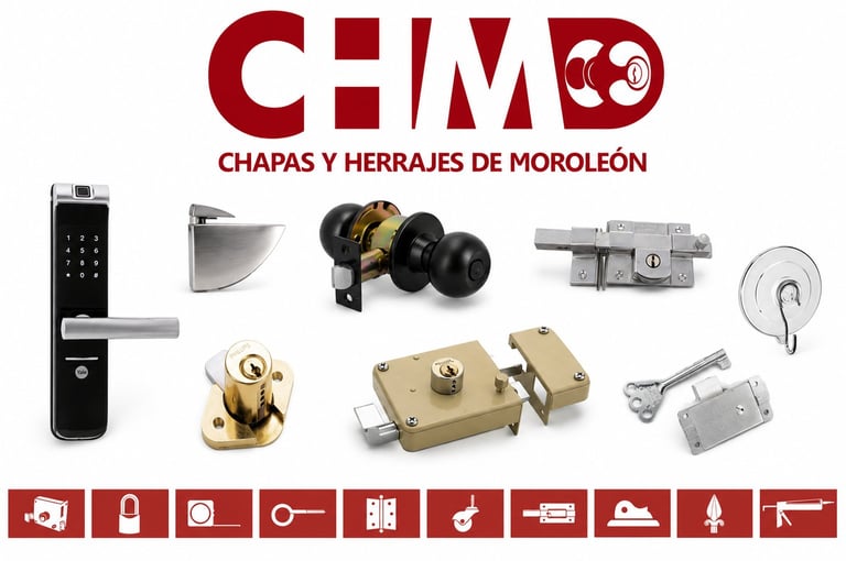 CEMO hardware company logo with various door locks, latches, and security fittings displayed against a product icon row