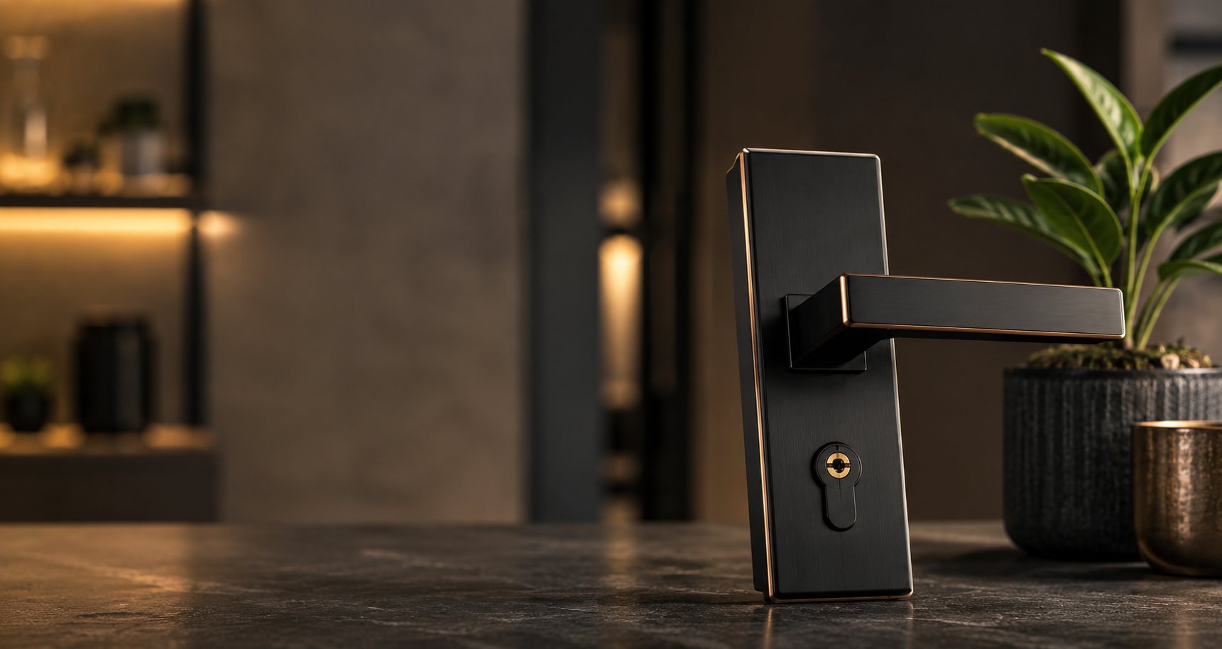 Modern black door handle with lock on a wooden desk next to a potted plant in a contemporary interior setting