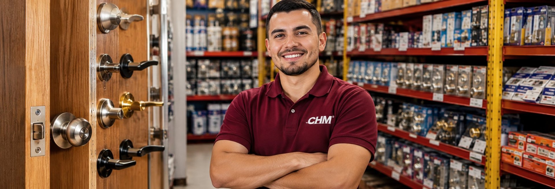 Man in burgundy shirt standing in hardware store aisle with shelves of products behind him
