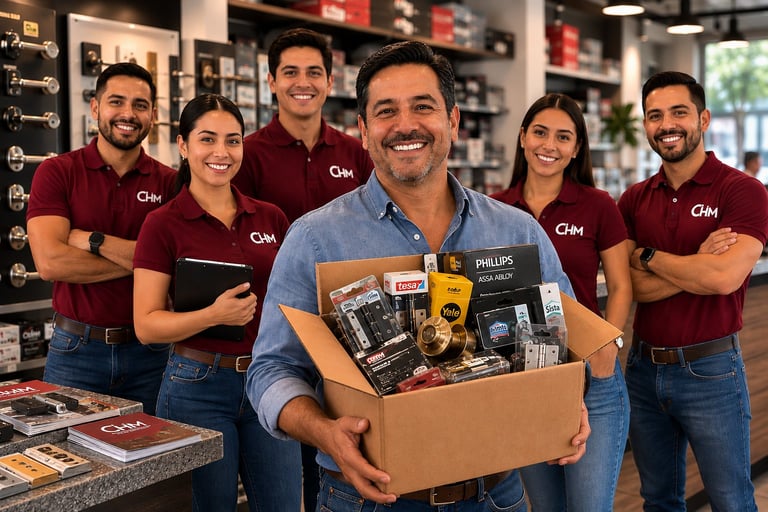 Man in blue shirt holding product box surrounded by team members in maroon shirts at electronics retail store