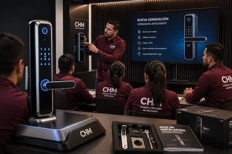 Team of CHM employees in maroon uniforms demonstrating smart lock technology to an audience in a modern showroom setting.