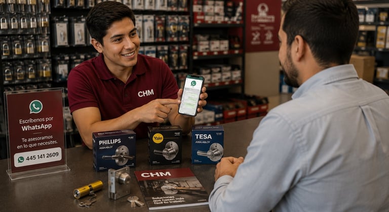 Store clerk in maroon CHM polo showing a product to a customer in a retail shop with shelved merchandise in background