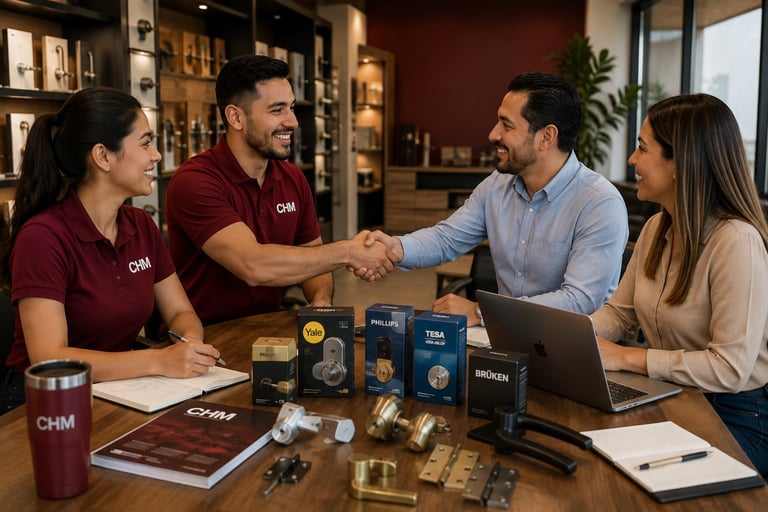 Four business professionals shaking hands across a table in a modern office setting with company branding and products displayed