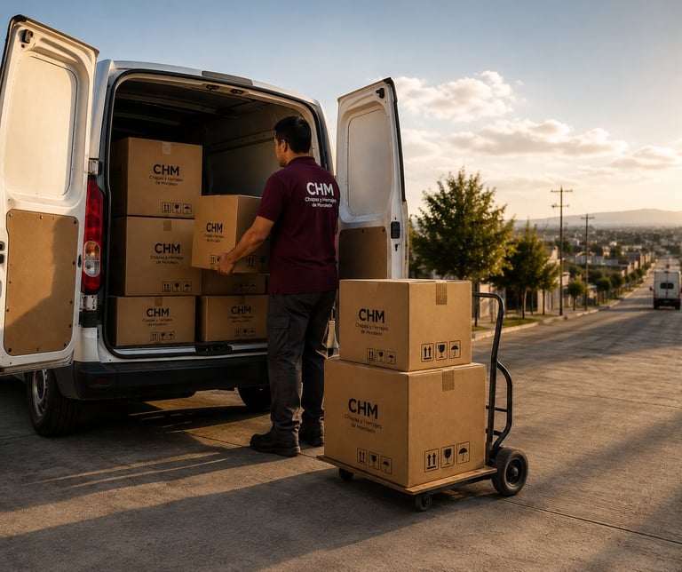 Man loading cardboard boxes labeled CHM into a white delivery van on a residential street